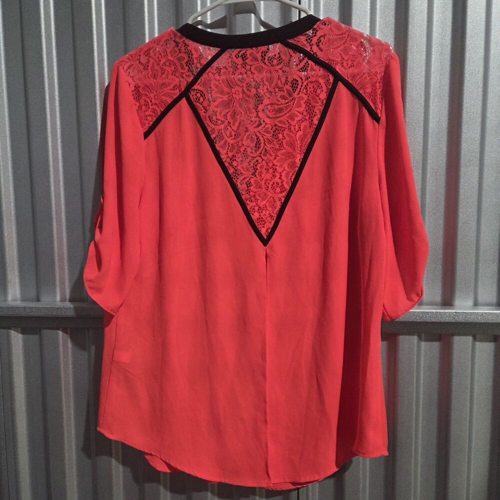 Bebe Blouse Womens M Fiery Coral Lace Yoke Zip Front Roll Tab Neon Y2K Club Top - Picture 9 of 11